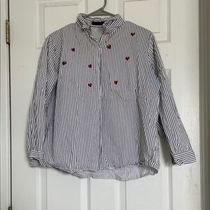Navy Striped Shirt with Red Embellishments